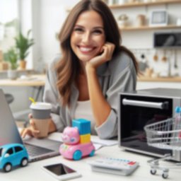 una chica de 30 años feliz comprando online electrodomesticos y juguetes.png